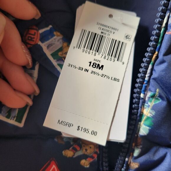 New Polo Bear Ralph Lauren Boy Water Repellent Navy Down Hood Pony Jacket - Picture 11 of 16